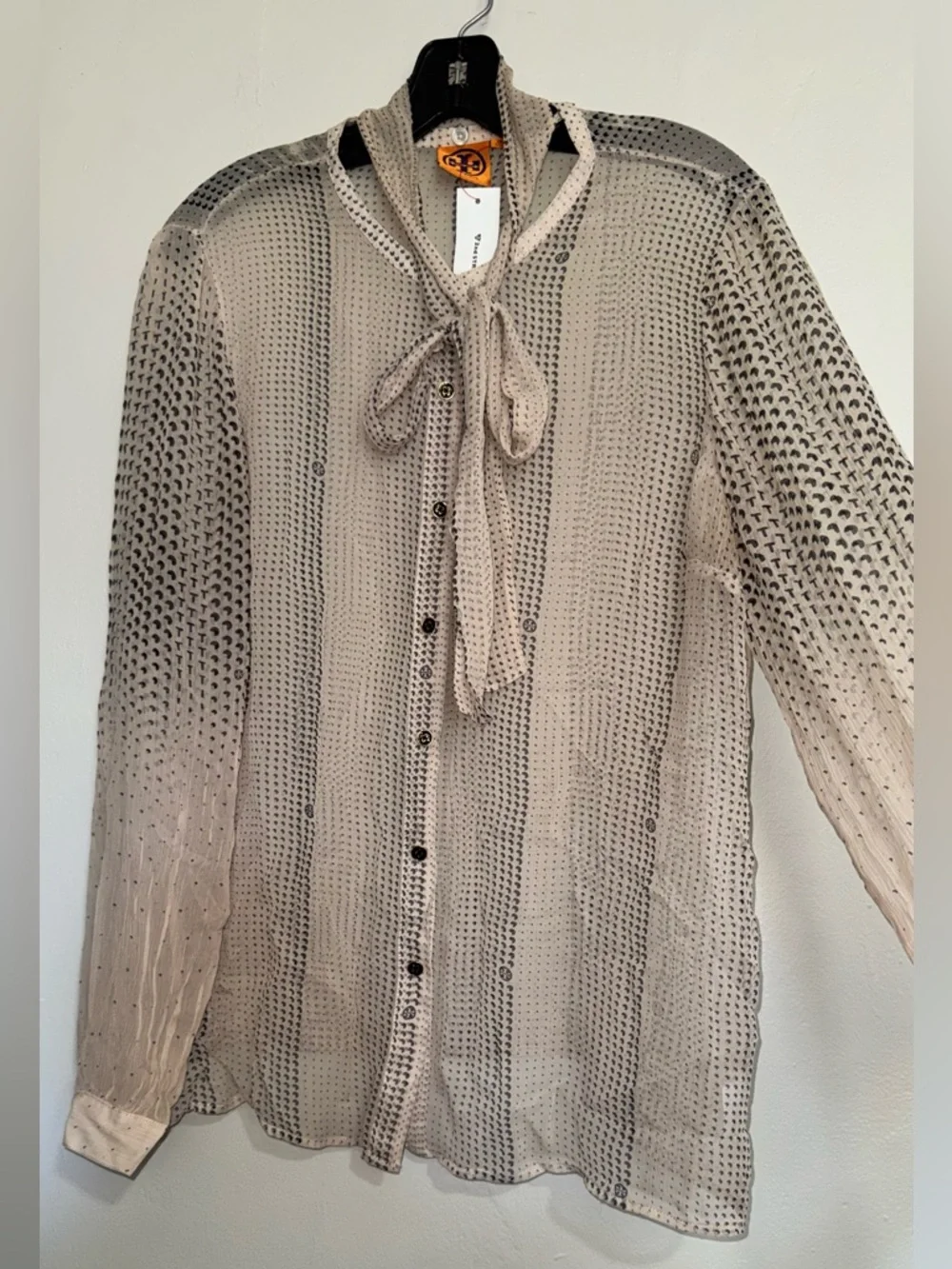 Tory Burch Silk Detachable Scarf Sheer Button-Down in Beige and Black Dot